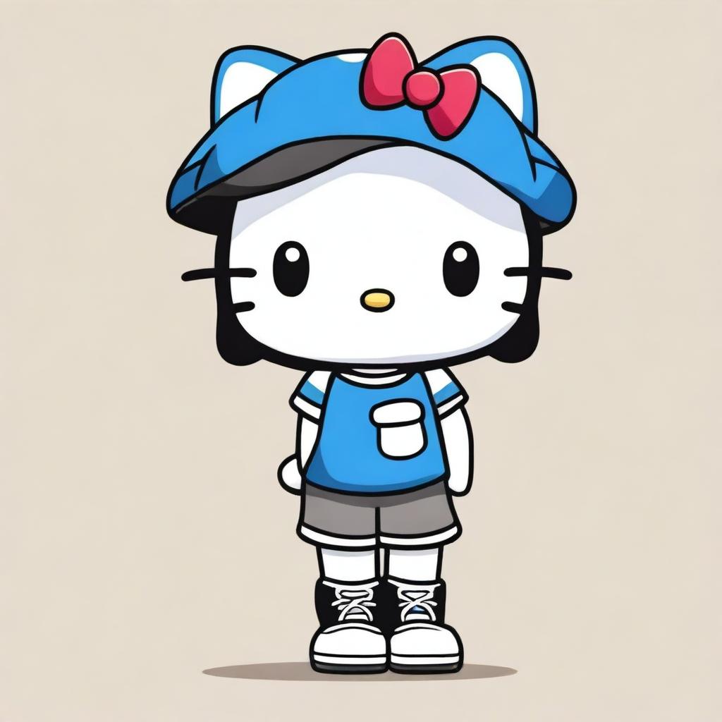 A Hello Kitty character wearing a black and blue cap, a white graphic shirt, black shorts, and black crocs