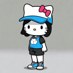 A Hello Kitty character wearing a black and blue cap, a white graphic shirt, black shorts, and black crocs