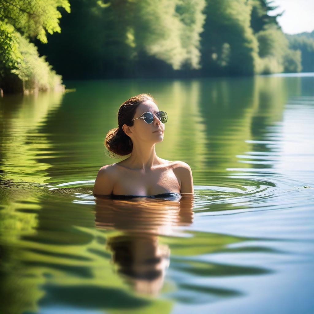 A serene scene featuring a woman in the water wearing sunglasses, with her clothes not visible