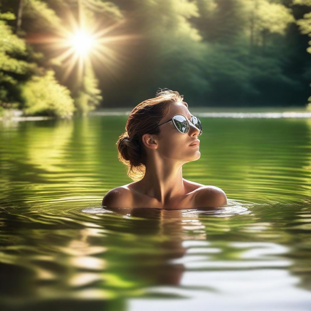 A serene scene featuring a woman in the water wearing sunglasses, with her clothes not visible