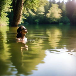 A serene scene featuring a woman in the water wearing sunglasses, with her clothes not visible