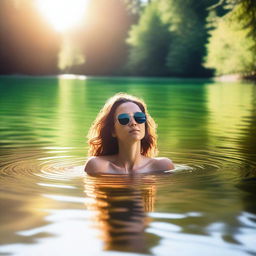 A serene scene featuring a woman in the water wearing sunglasses, with her clothes not visible