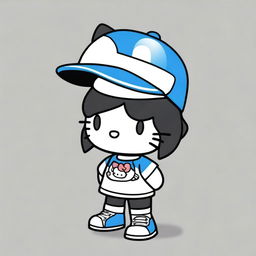 A Hello Kitty character wearing a black and blue cap, a white graphic shirt, black shorts, and black crocs