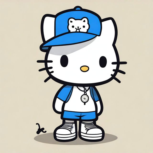 A Hello Kitty character wearing a black and blue cap, a white graphic shirt, black shorts, and black crocs