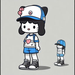 A Hello Kitty character wearing a black and blue cap, a white graphic shirt, black shorts, and black crocs