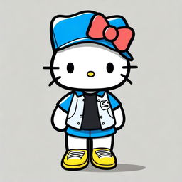 A Hello Kitty character wearing a black and blue cap, a white graphic shirt, black shorts, and black crocs