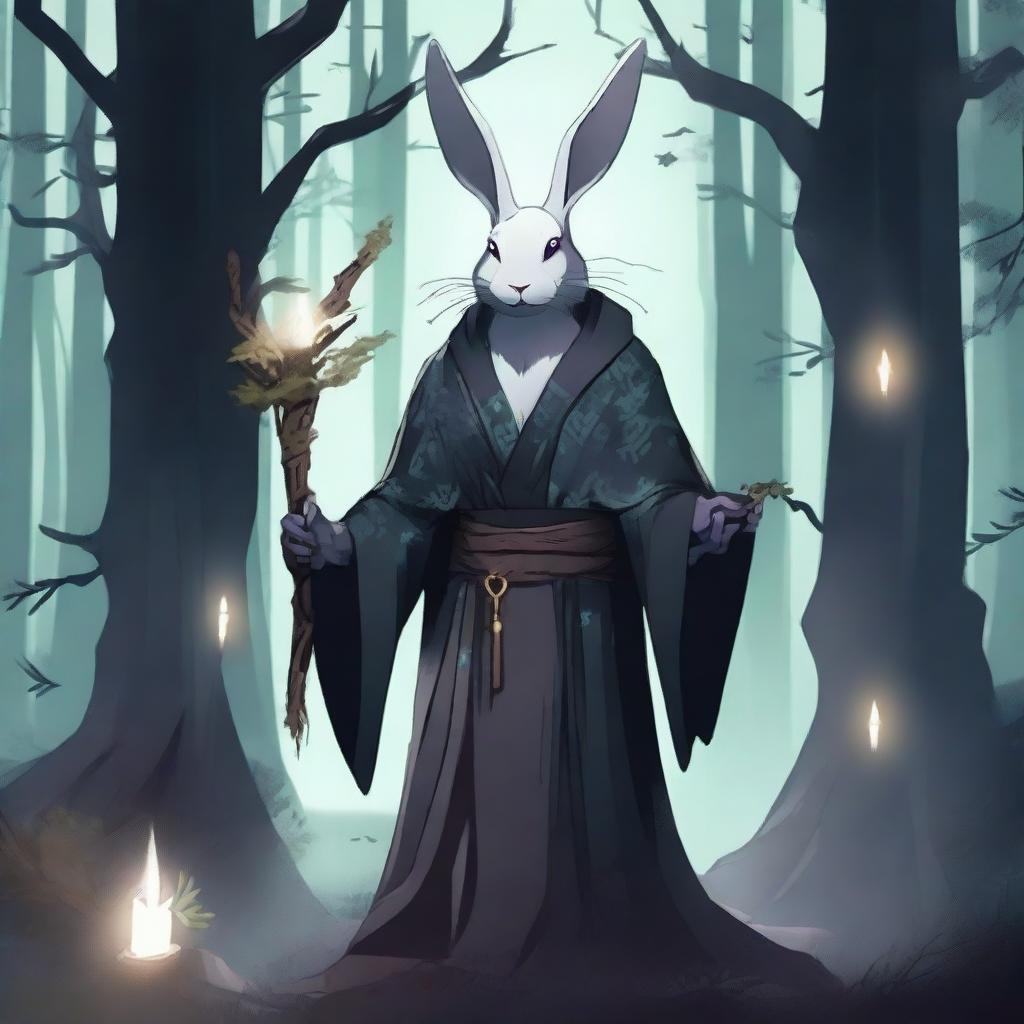 A skinny male humanoid rabbit warlock stands in a dark, mystical forest