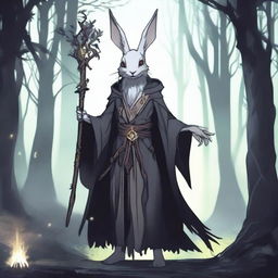 A skinny male humanoid rabbit warlock stands in a dark, mystical forest