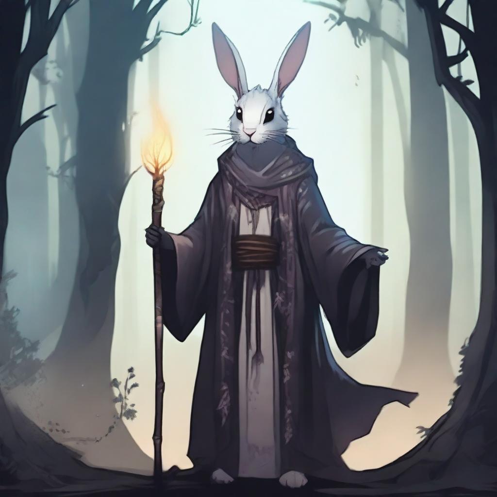 A skinny male humanoid rabbit warlock stands in a dark, mystical forest