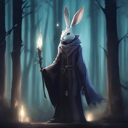 A skinny male humanoid rabbit warlock stands in a dark, mystical forest