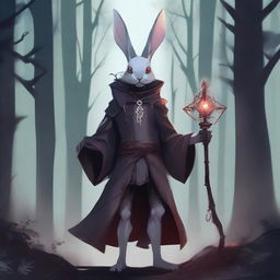 A skinny male humanoid rabbit warlock with grey skin and red eyes stands in a dark, mystical forest