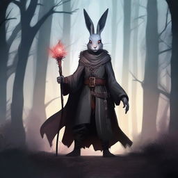 A skinny male humanoid rabbit warlock with grey skin and red eyes stands in a dark, mystical forest