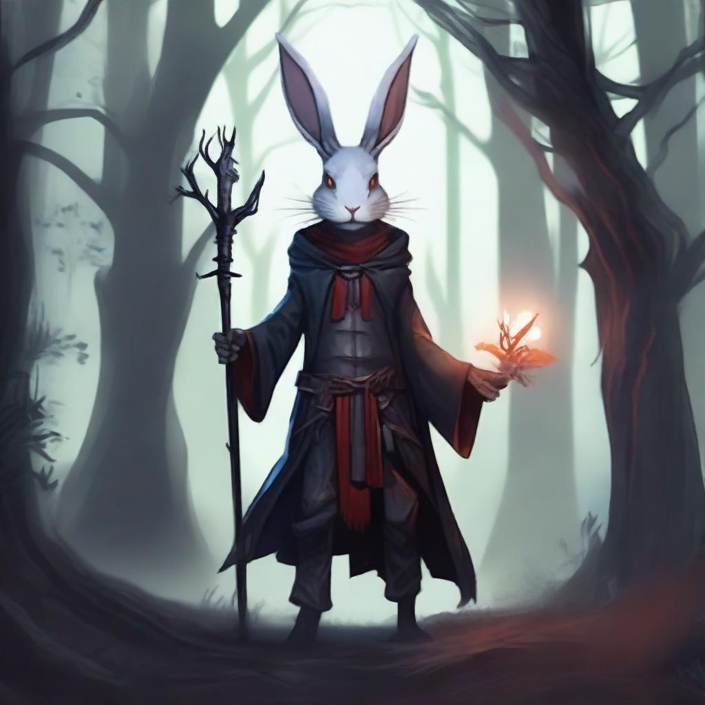 A skinny male humanoid rabbit warlock with grey skin and red eyes stands in a dark, mystical forest