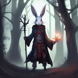 A skinny male humanoid rabbit warlock with grey skin and red eyes stands in a dark, mystical forest