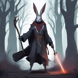 A skinny male humanoid rabbit warlock with grey skin and red eyes stands in a dark, mystical forest