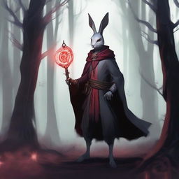 A skinny male humanoid rabbit warlock with grey skin and red eyes stands in a dark, mystical forest