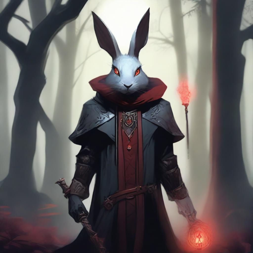 A skinny male humanoid rabbit warlock with grey skin and red eyes stands in a dark, mystical forest