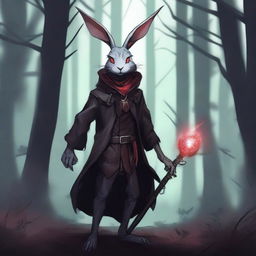 A skinny male humanoid rabbit warlock with grey skin and red eyes stands in a dark, mystical forest