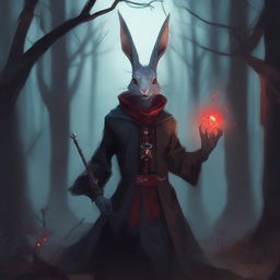 A skinny male humanoid rabbit warlock with grey skin and red eyes stands in a dark, mystical forest