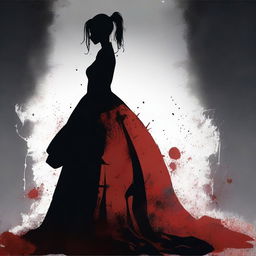 A woman in regular clothing stands in front of a dark background, her shadow wearing a ball gown with a ponytail