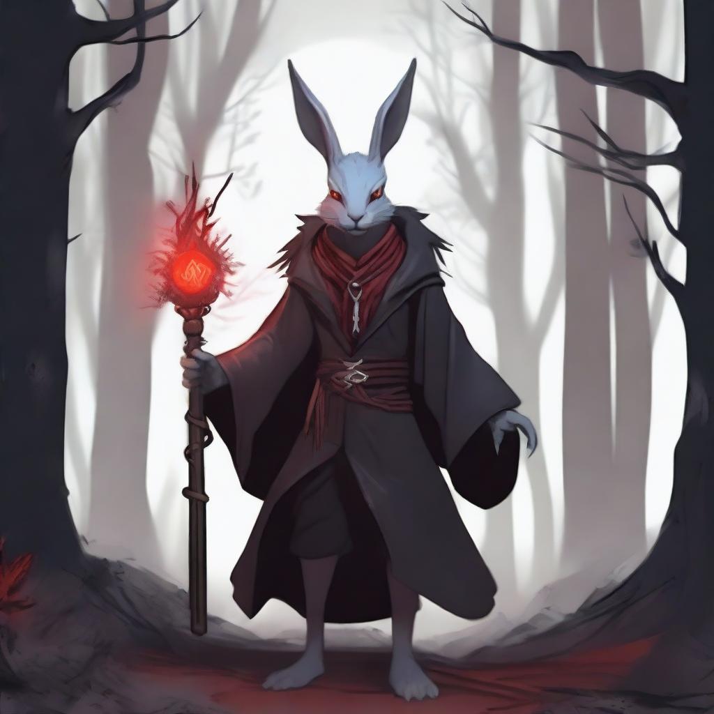 A skinny male humanoid rabbit warlock with grey skin and red eyes stands in a dark, mystical forest