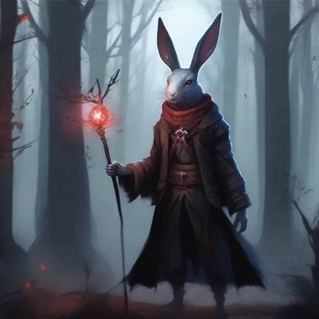 A skinny male humanoid rabbit warlock with grey skin and red eyes stands in a dark, mystical forest