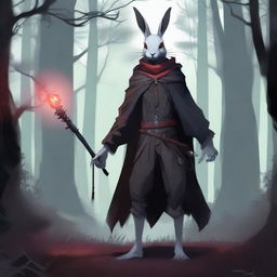 A skinny male humanoid rabbit warlock with grey skin and red eyes stands in a dark, mystical forest