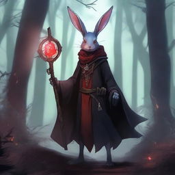 A skinny male humanoid rabbit warlock with grey skin and red eyes stands in a dark, mystical forest