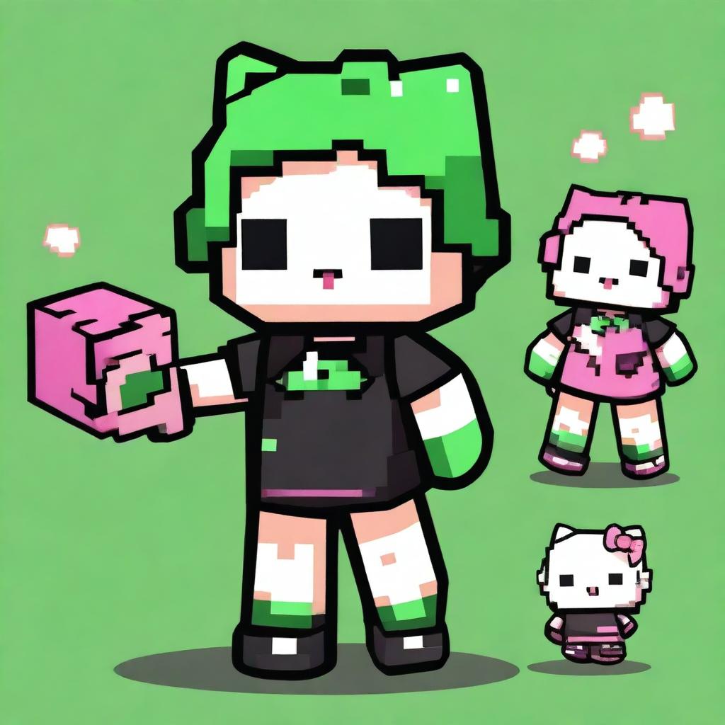 A Hello Kitty character wearing a black baggy shirt, a nose ring, and green Minecraft-themed boxers