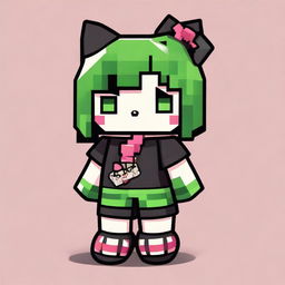 A Hello Kitty character wearing a black baggy shirt, a nose ring, and green Minecraft-themed boxers