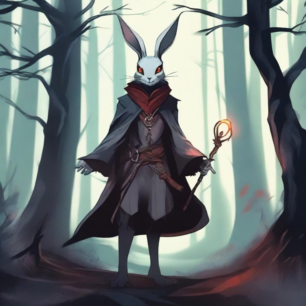 A skinny male humanoid rabbit warlock with grey skin and red eyes stands in a dark, mystical forest