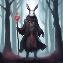 A skinny male humanoid rabbit warlock with grey skin and red eyes stands in a dark, mystical forest