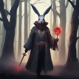 A skinny male humanoid rabbit warlock with grey skin and red eyes stands in a dark, mystical forest