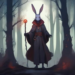 A skinny male humanoid rabbit warlock with grey skin and red eyes stands in a dark, mystical forest