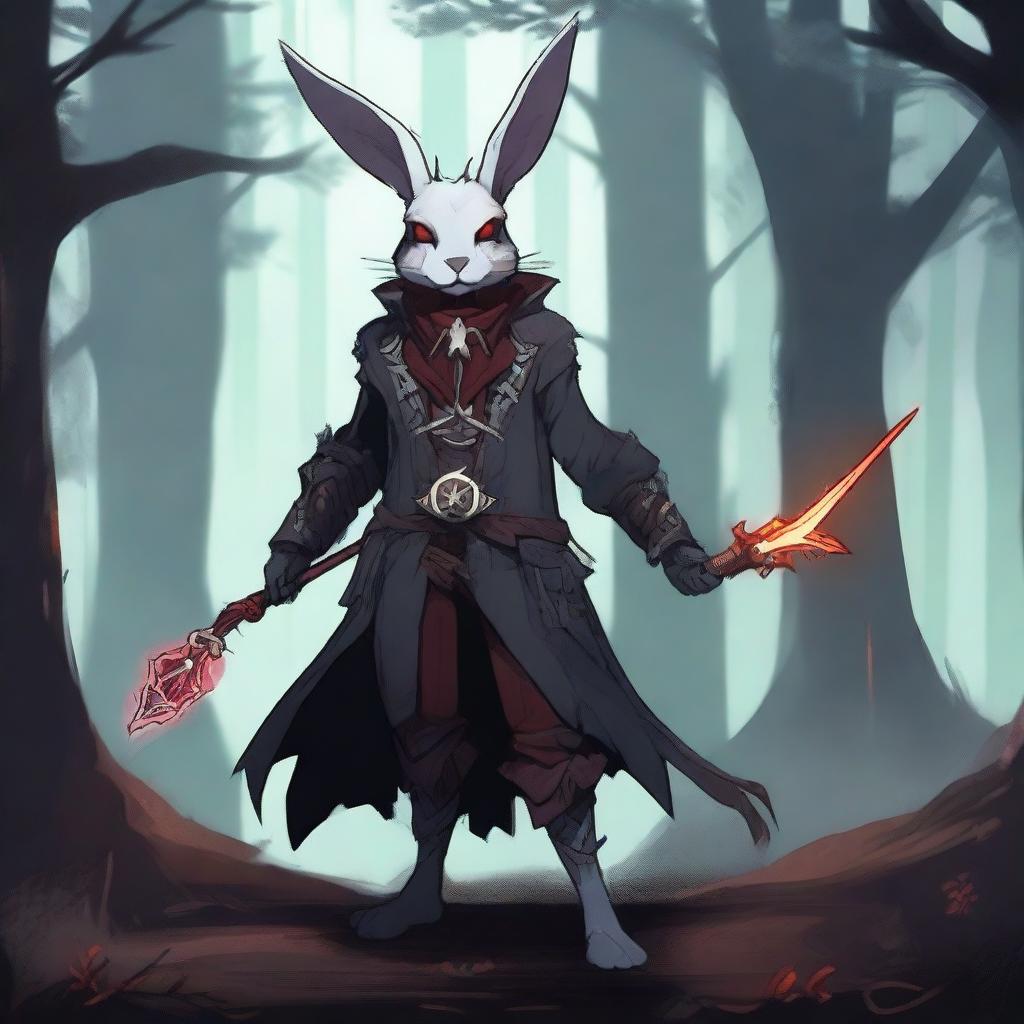 A skinny male humanoid rabbit warlock with grey skin and red eyes stands in a dark, mystical forest