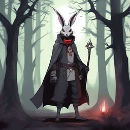 A skinny male humanoid rabbit warlock with grey skin and red eyes stands in a dark, mystical forest