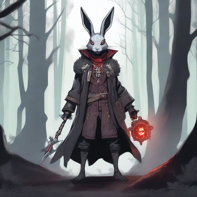 A skinny male humanoid rabbit warlock with grey skin and red eyes stands in a dark, mystical forest