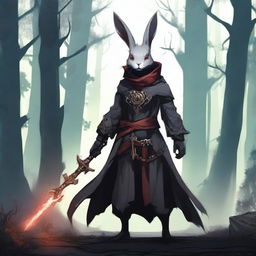 A skinny male humanoid rabbit warlock with grey skin and red eyes stands in a dark, mystical forest