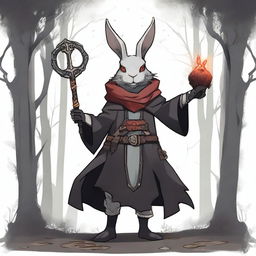 A skinny male humanoid rabbit warlock with grey skin and red eyes is depicted from both the front and back