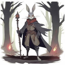 A skinny male humanoid rabbit warlock with grey skin and red eyes is depicted from both the front and back