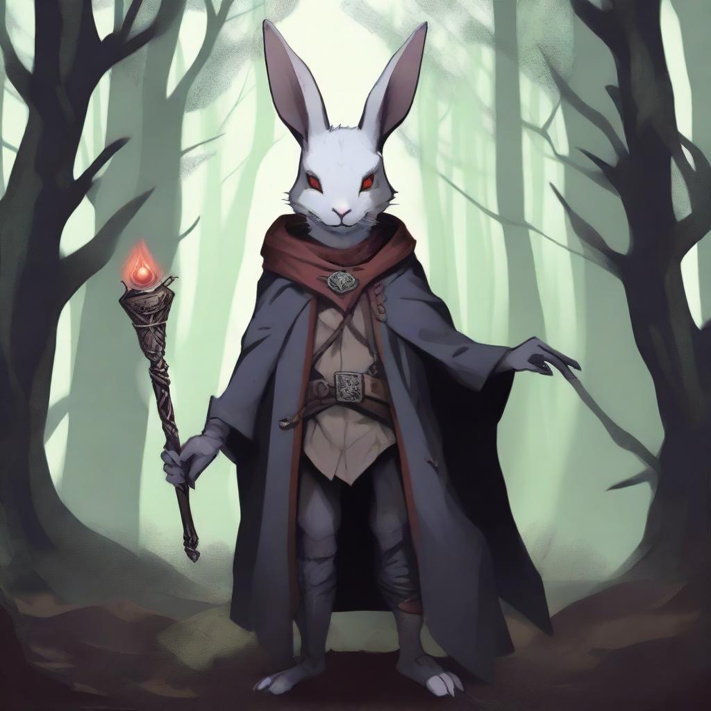 A skinny male humanoid rabbit warlock with grey skin and red eyes is depicted from both the front and back