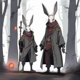 A skinny male humanoid rabbit warlock with grey skin and red eyes is depicted from both the front and back