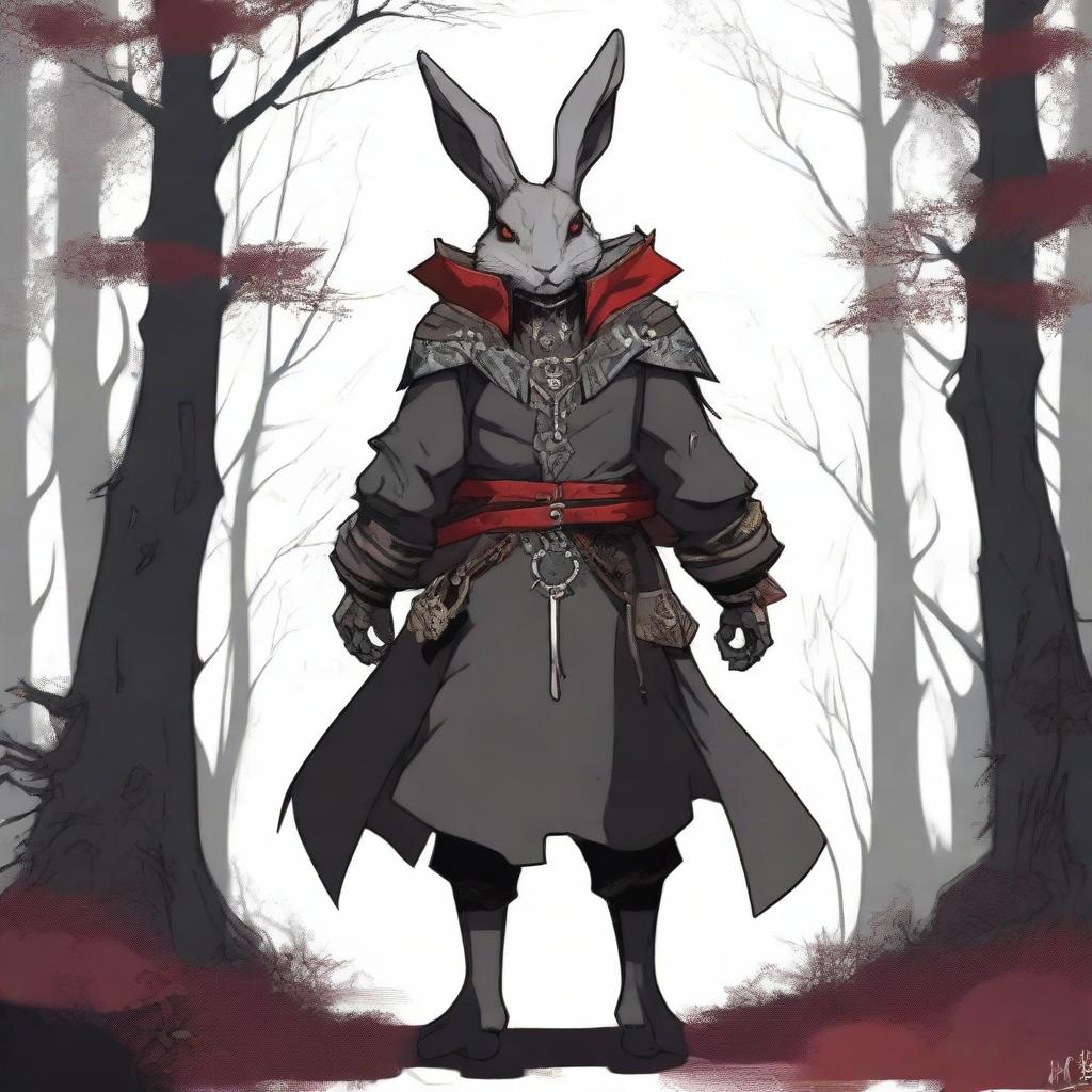 The back view of a skinny male humanoid rabbit warlock with grey skin and red eyes