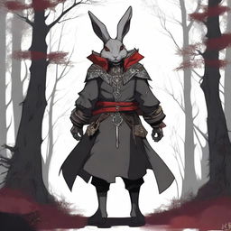 The back view of a skinny male humanoid rabbit warlock with grey skin and red eyes