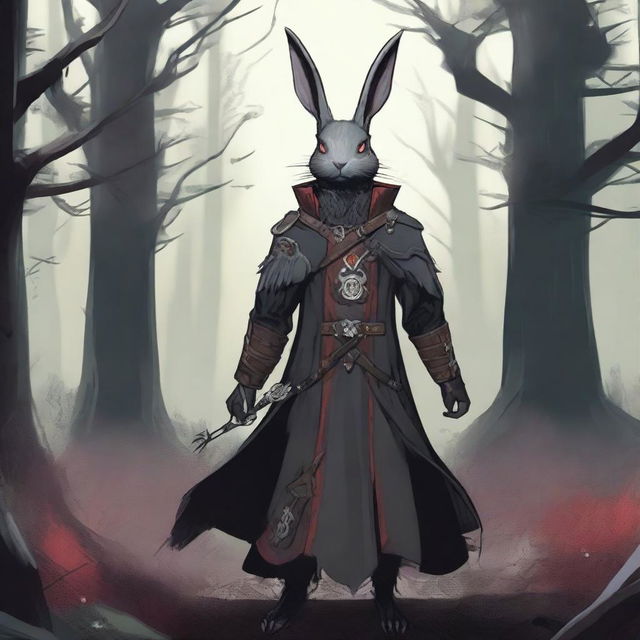 The back view of a skinny male humanoid rabbit warlock with grey skin and red eyes