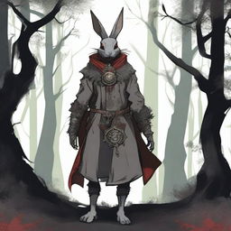 The back view of a skinny male humanoid rabbit warlock with grey skin and red eyes