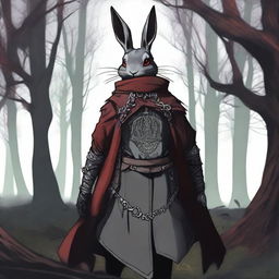 The back view of a skinny male humanoid rabbit warlock with grey skin and red eyes