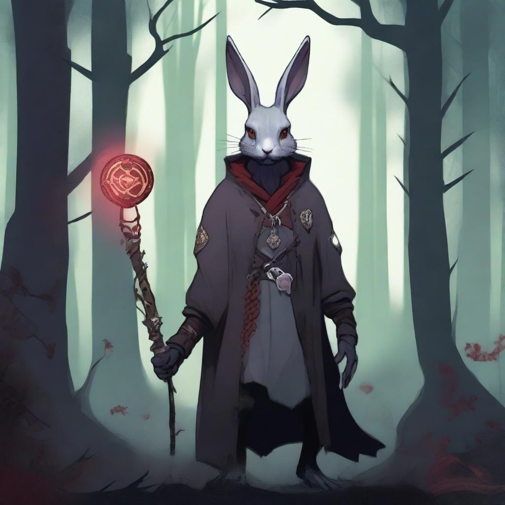 A skinny male humanoid rabbit warlock with grey skin and red eyes stands in a dark, mystical forest