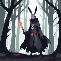 A skinny male humanoid rabbit warlock with grey skin and red eyes stands in a dark, mystical forest