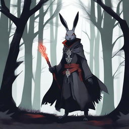 A skinny male humanoid rabbit warlock with grey skin and red eyes stands in a dark, mystical forest